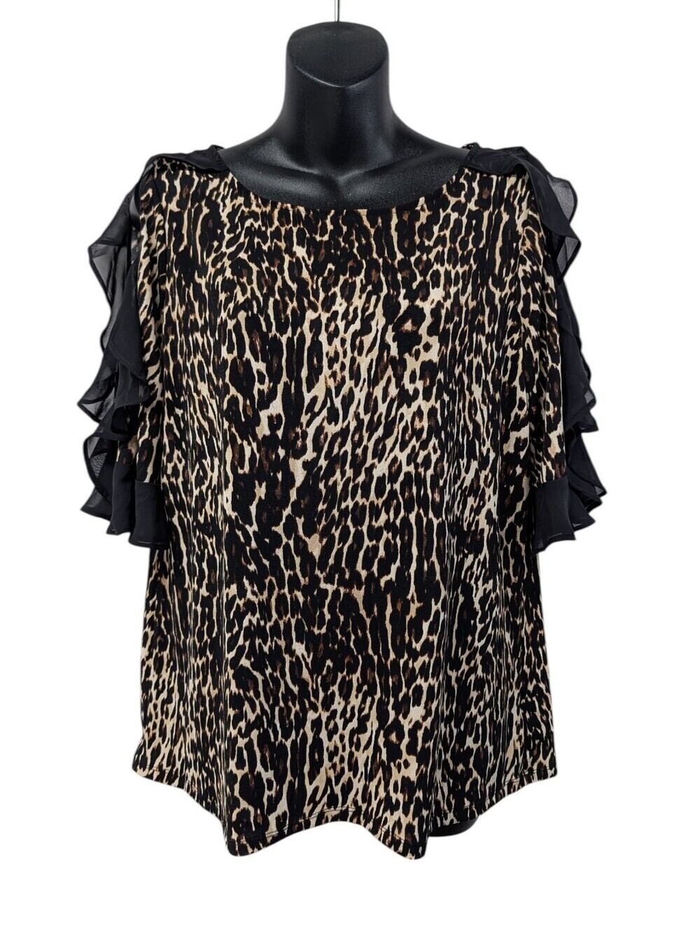 BOLD Elements Leopard Print Ruffle Half Sleeve Blouse Top Black Size Brown Sz L